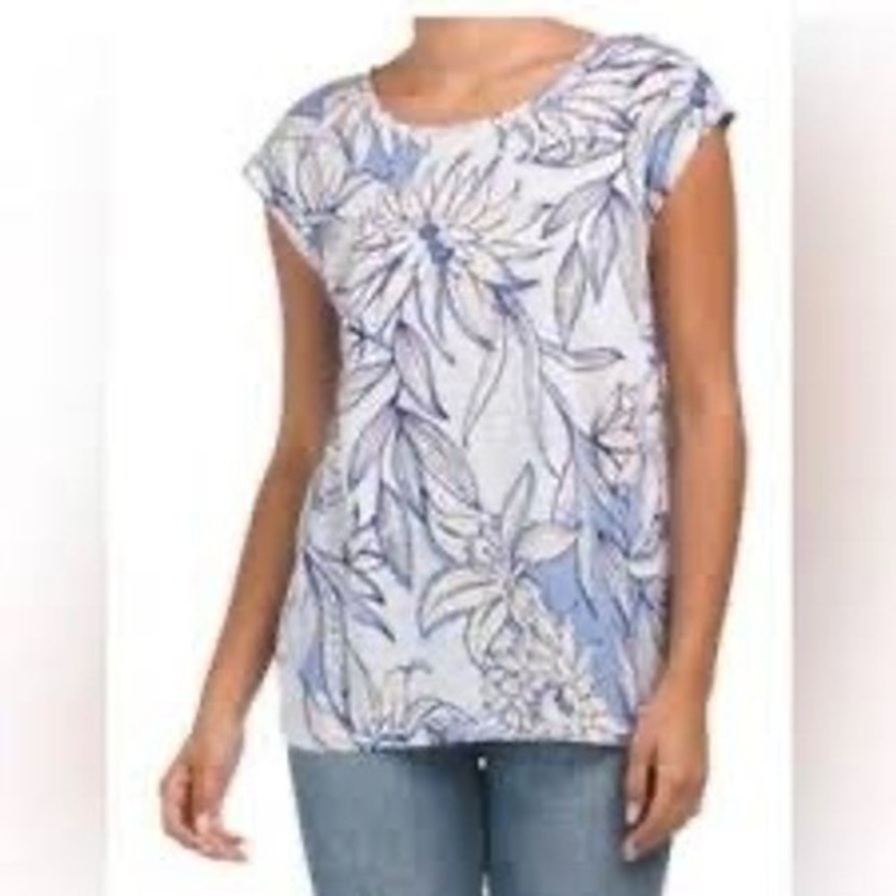 H Halston Large Blue Floral Linen Top‎ Button Back Coastal Cottagecore